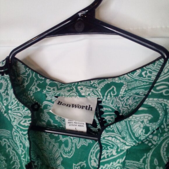 Bon Worth Blouse L Long Sleeve Button Up Simi Sheer Velvet Detail Green Black - Picture 10 of 14